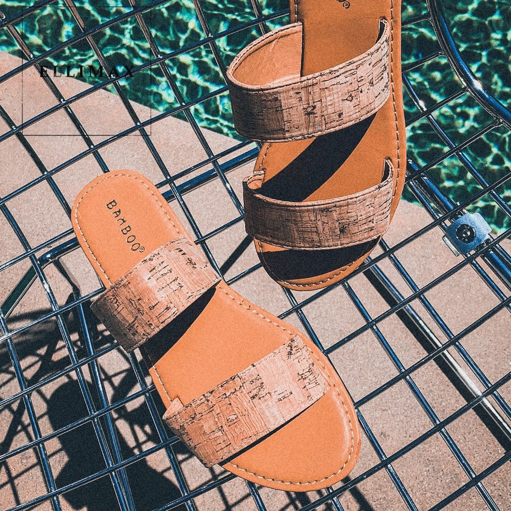 NEW🔥 Cork Open Toe Double Band Slide Flat Sandals